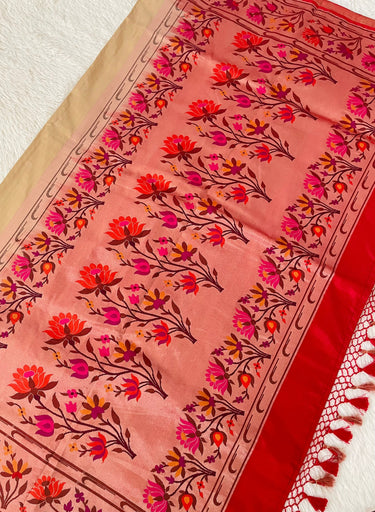 Banarasi Katan Silk Paithani Saree | Beige & Red | Handwoven | Silk Mark Certified | Ships from California